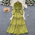 French retro court style heavy embroidered hollow-out lace patchwork tie-waist single-breasted elegant long dress for women
