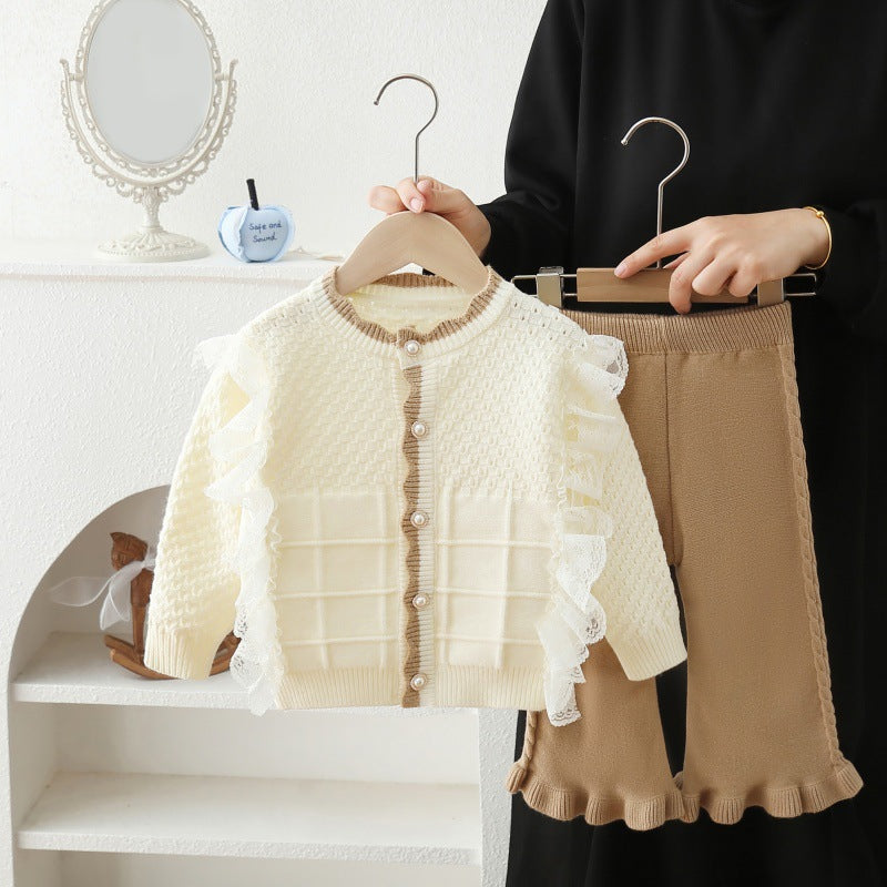 Girls' spring outfit set : new stylish cardigan jacket and lace pants two-piece set for girls - perfect for spring and autumn
