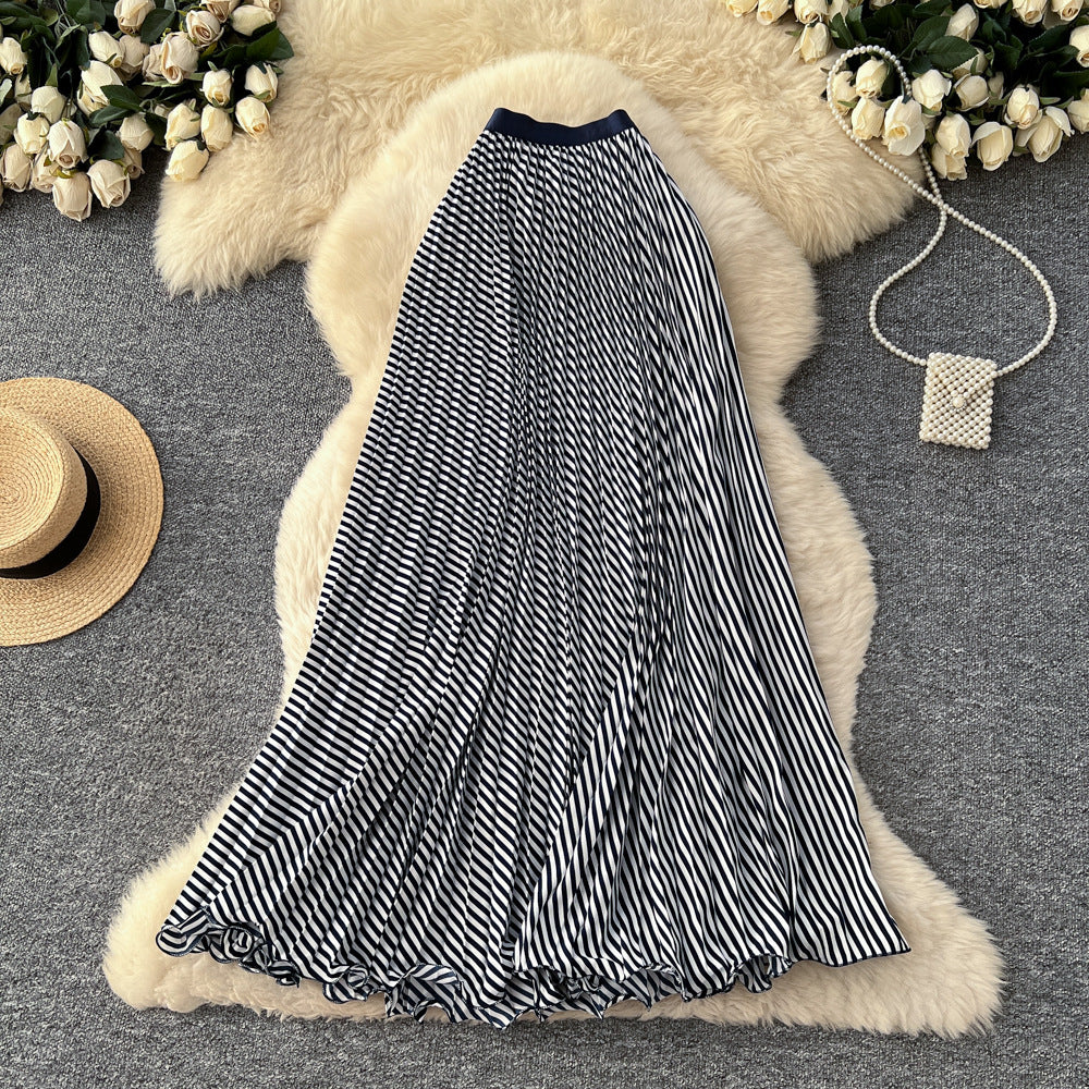 Korean style high-waisted a-line striped patchwork midi skirt - new 2025 collection, versatile striped design with a flowy drape