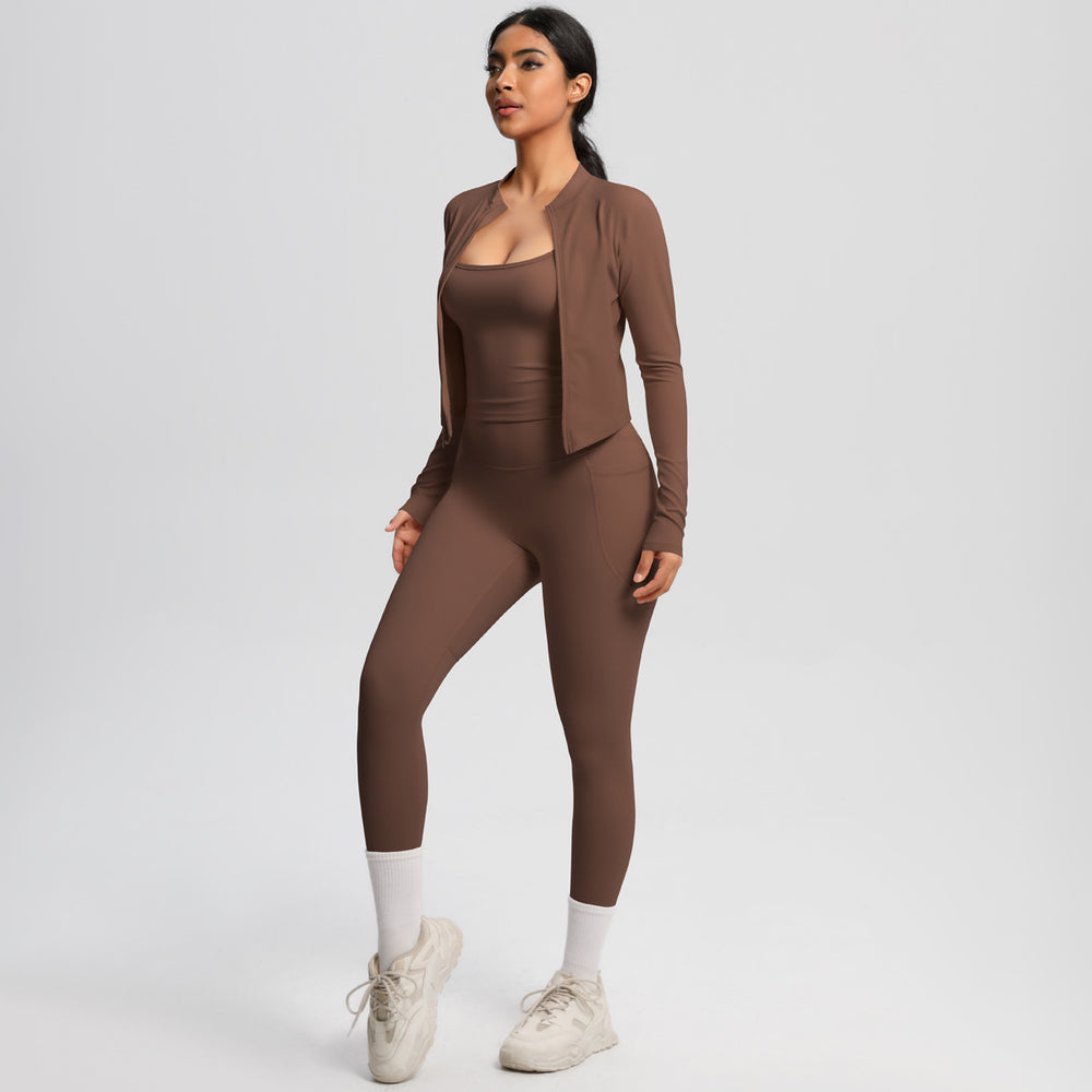 European and american outdoor casual tight-fit pocket yoga outfit set - quick-dry, high-waisted, slimming, cloud-like comfort, three-piece activewear set