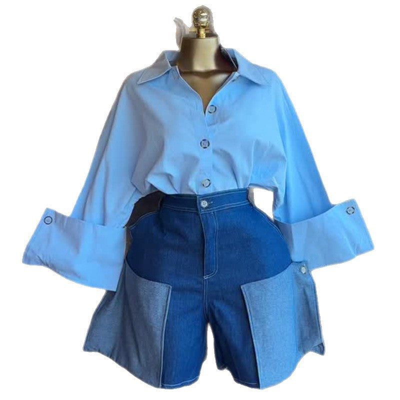 European and american cross-border women's fashion:  summer new arrival - stylish turn-down collar, unique design, versatile solid color blouse