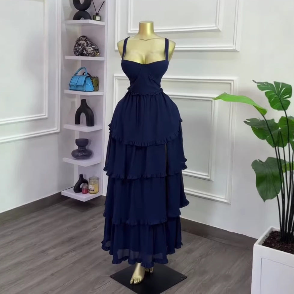 European and american cross-border women's fashion:  summer new arrival - elegant high-waisted blue slit cami dress with ruffle trim