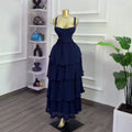 European and american cross-border women's fashion:  summer new arrival - elegant high-waisted blue slit cami dress with ruffle trim