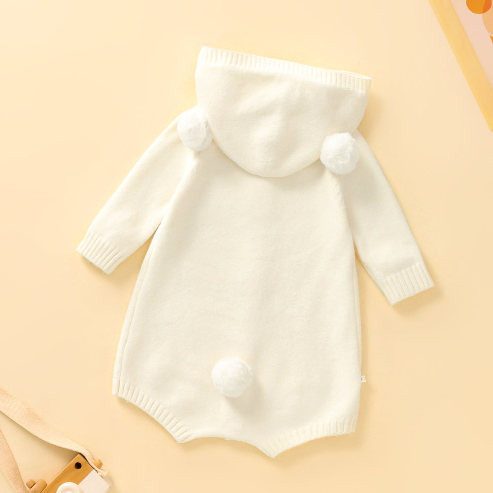 Korean style baby romper - autumn cute pom-pom bear knit hooded bodysuit (036)