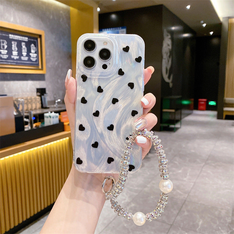 Feather yarn silver suitable for iphone16pro small heart protective case apple 12/14 pearl diamond chain hard protective case