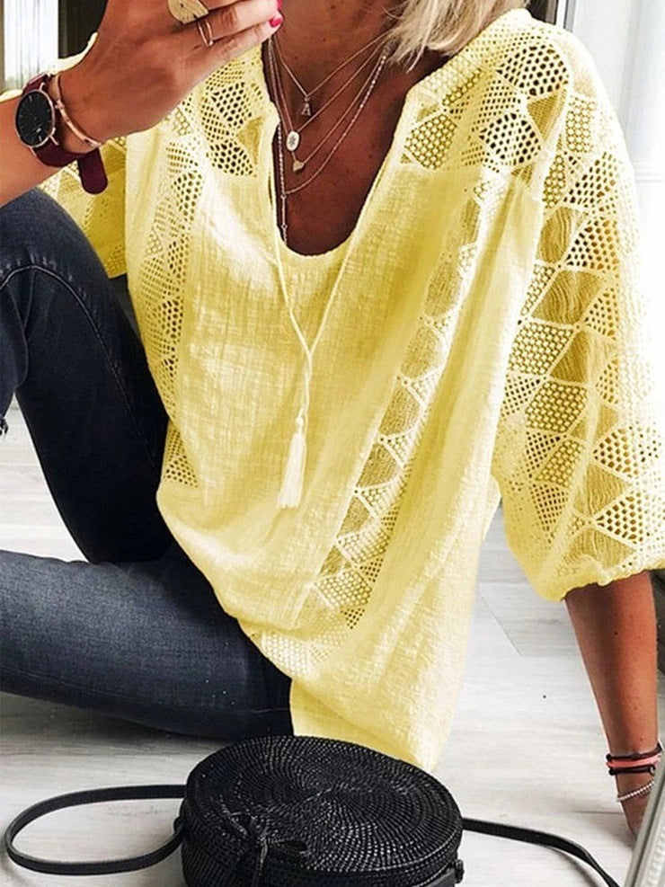 loose type    new arrivalfashionlacepatchwork u-neck three-quarter sleeve tops