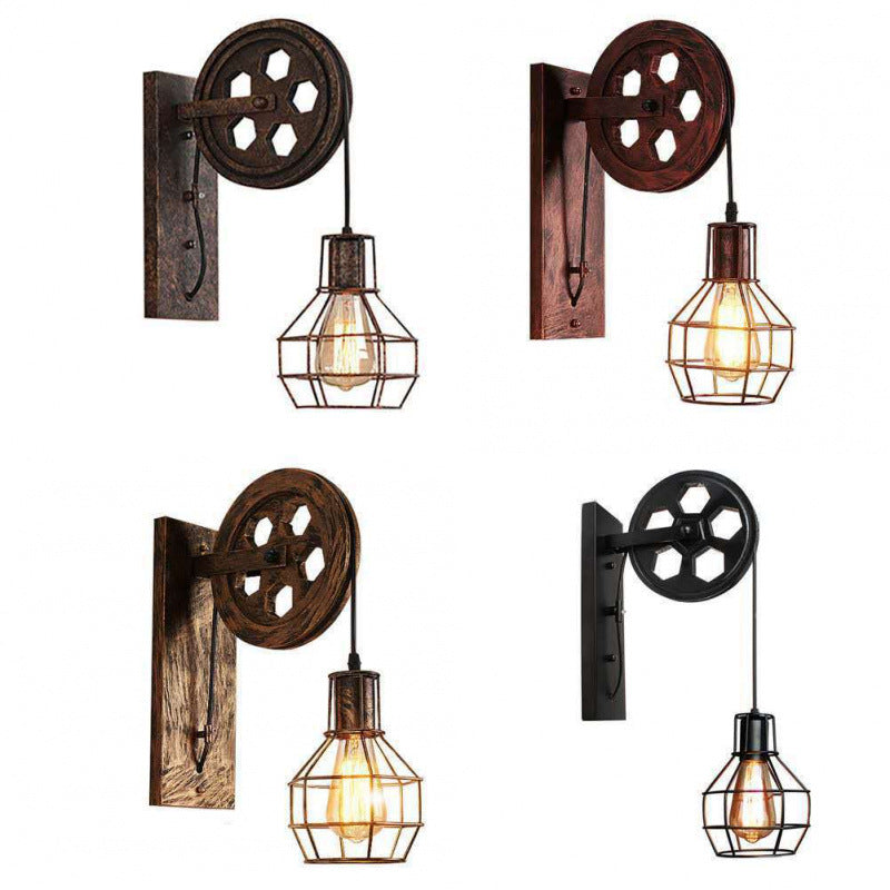 Bar retro lamp industrial wind retro wall lamp creative wrought iron pulley wall lamp personalized restaurant corridor aisle lamp