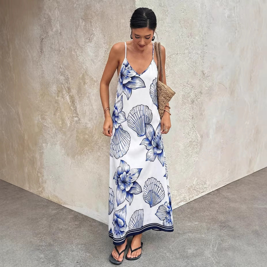 Amazon's new white bottom blue large flower suspender dress with beaded edge design, vest a-line long skirt