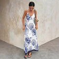 Amazon's new white bottom blue large flower suspender dress with beaded edge design, vest a-line long skirt