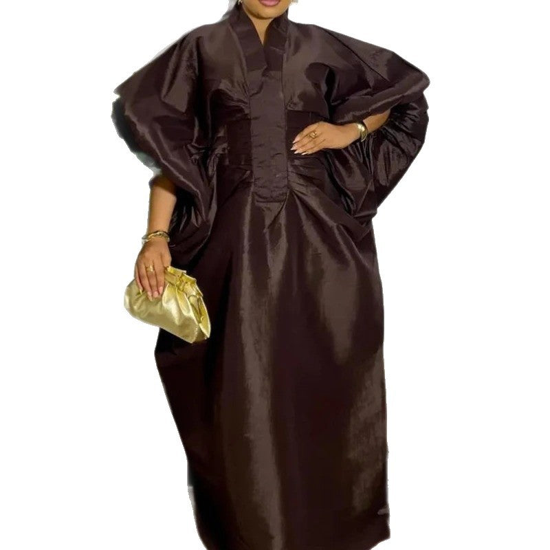 export women's stand collar lantern sleeve maxi dress with ruched waist, african party loose robe, bubu dress