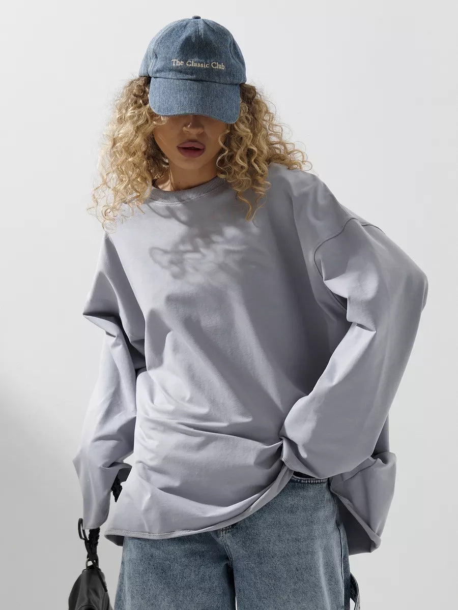 European and American  new women's clothing spring and autumn loose solid color Oversize round neck long-sleeved casual T-shirt fashion sweater women