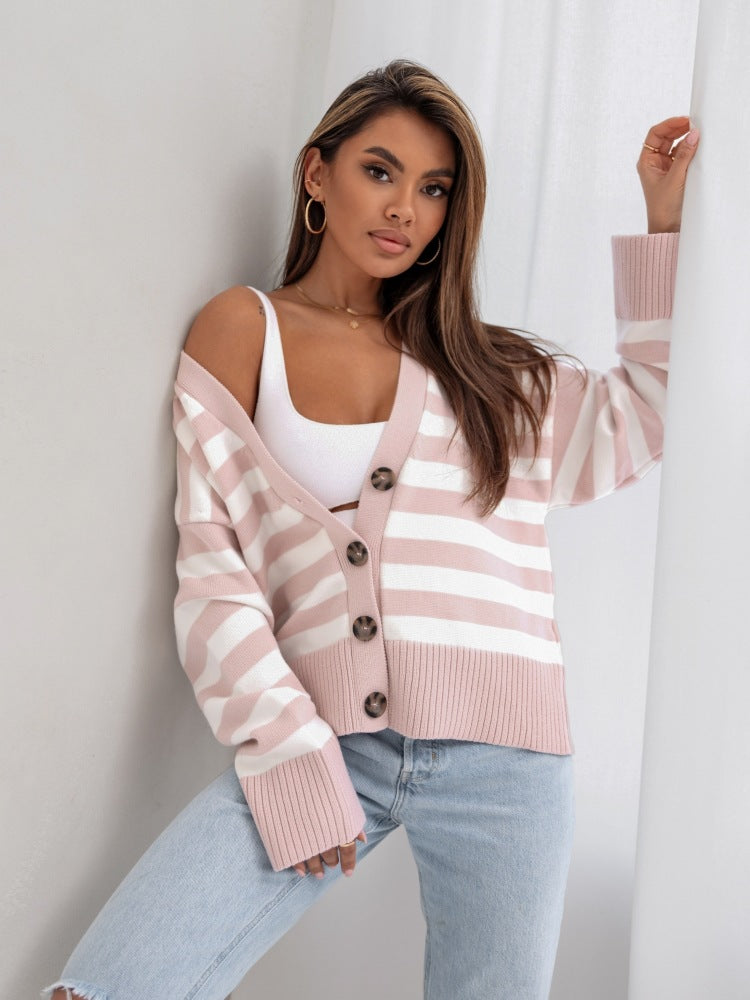 Europe, America,  autumn and winter new striped threaded knitted cardigan women's casual lazy versatile women's sweater