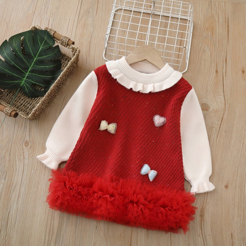 Kidssweaterlong skirtfall and winter new new year's greetings style bows christmas skirt girldress