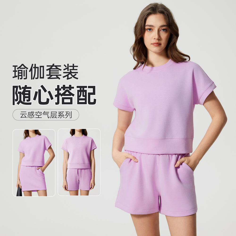 Women's casual activewear set: loose-fit breathable short-sleeve t-shirt & air layer shorts - perfect for yoga & workout