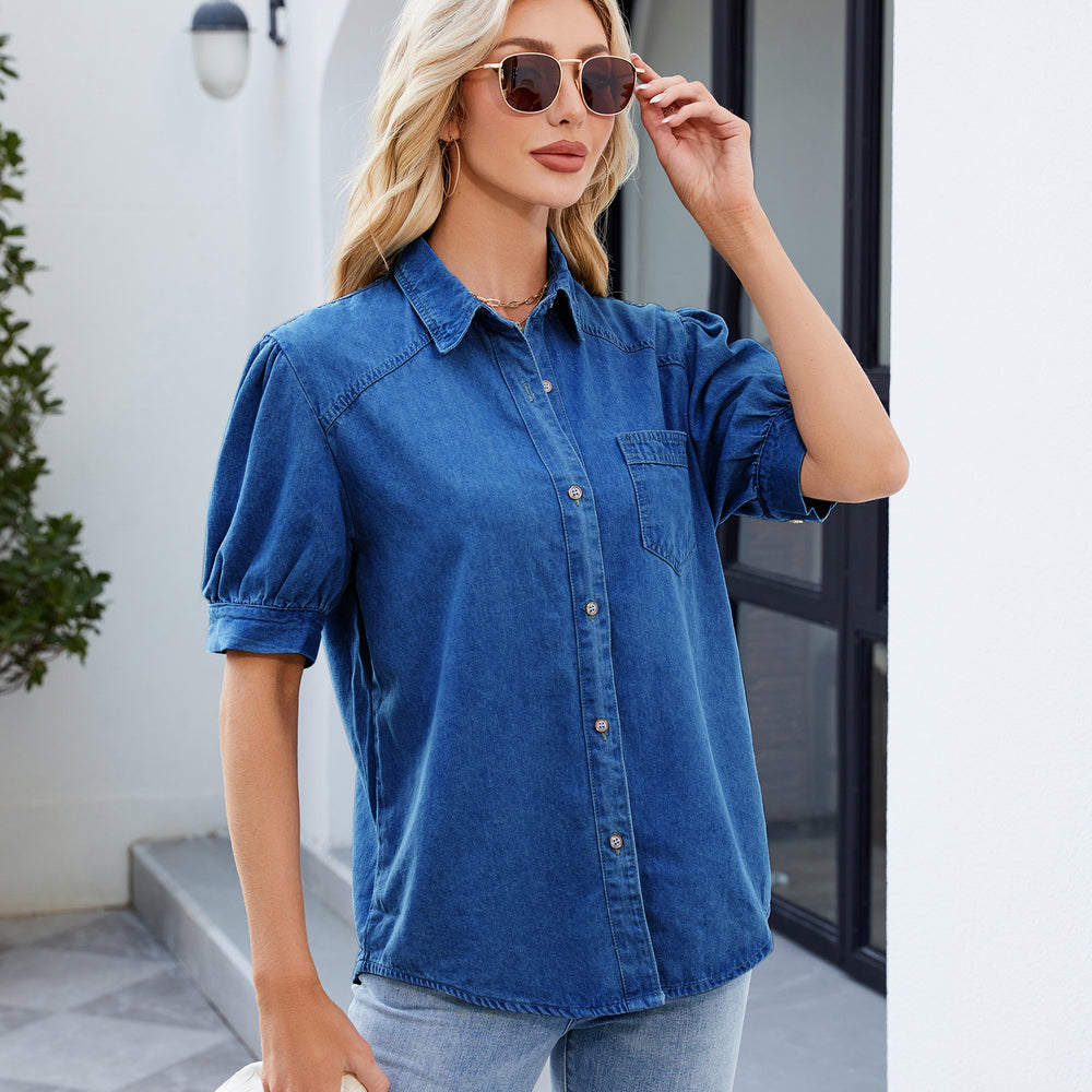 Fashion cross-border export  new arrivaleasiest for match princess sleeve lapel thin denim shirt casualtops trendy women