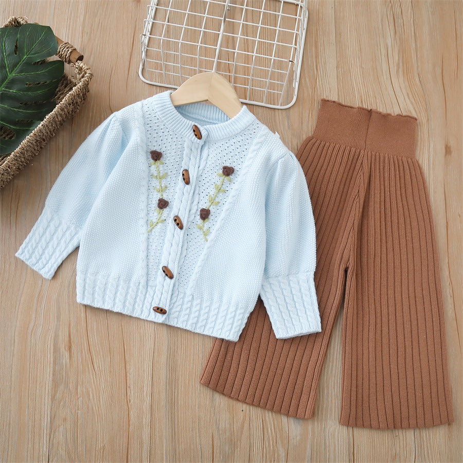 Dropshipping girls' knitted sweater two-piece set -  autumn/winter new collection - handmade floral pants outfit for baby girls