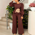 Autumnew arrival brown lantern sleeve jumpsuit lotus leaf hem stereo flower straight-leg jumpsuit jumpsuits
