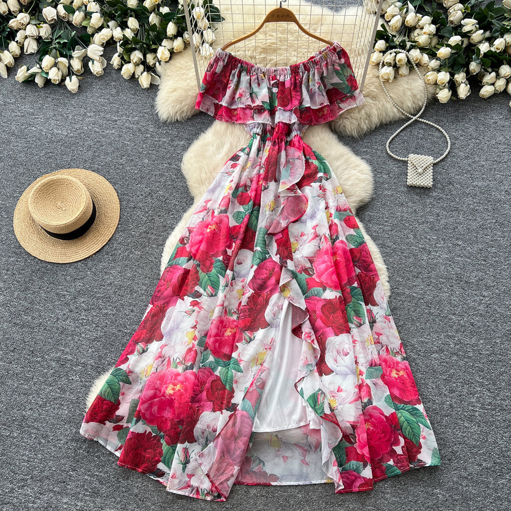 Pure desire style one shoulder ruffles floral dress women's summer sleeveless waist slimming lookelegant vacation style long dress