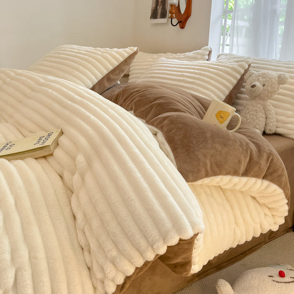Winter thickened rabbit fleece four-piece set solid color milk fleece quilt cover Nantong bedding coral fleece bed sheet quilt cover