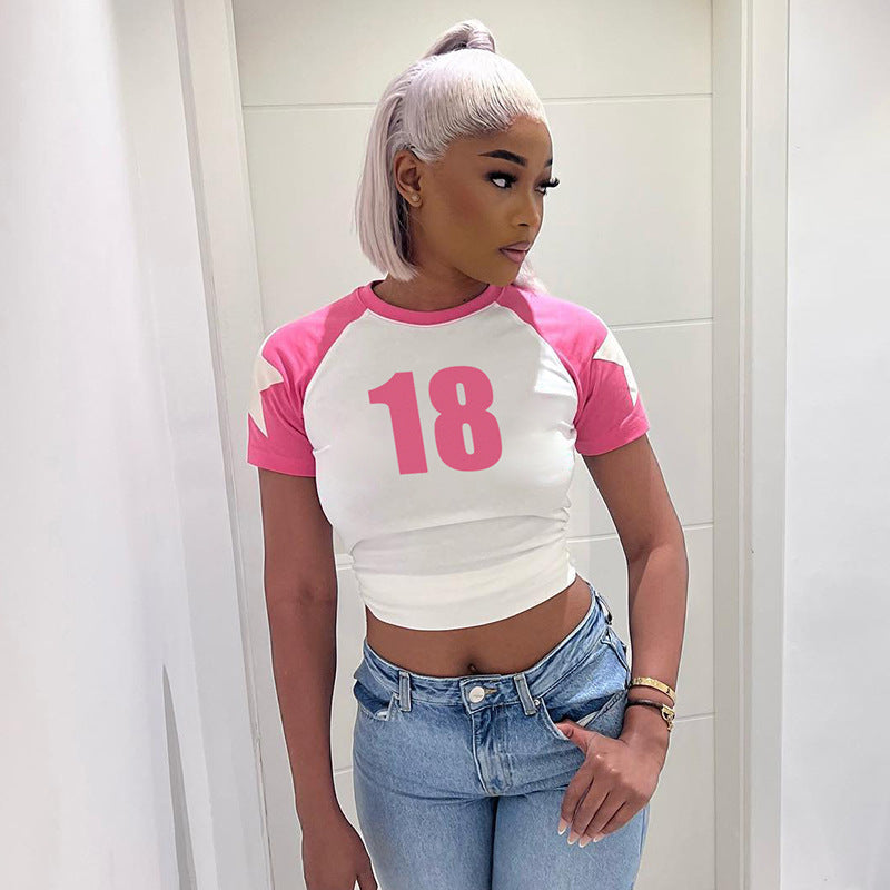 Cross-border street women's casual color contrast five-pointed star digital printing basic round neck pullover short-sleeved top  wholesale