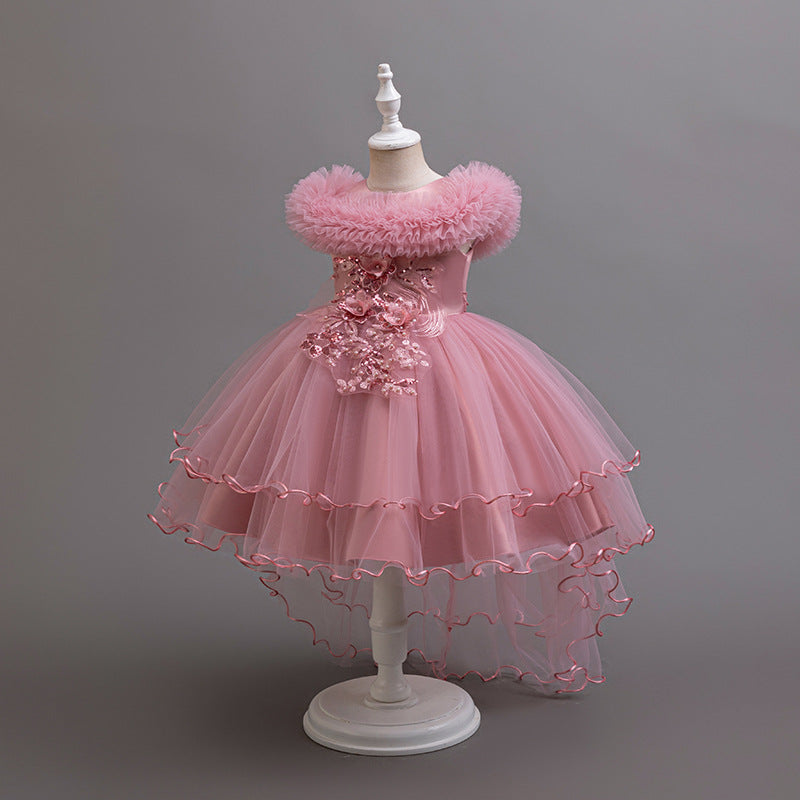 Kids dress trailing princess dress sequin puff sleeves satin flower girl little girl party dress first birthday baptism dress