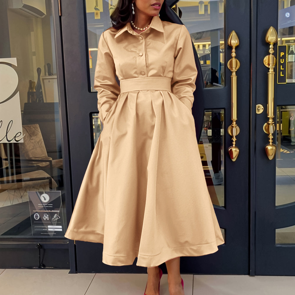 D532  european and american women's clothing  autumn new arrival big swing solid color turn-down collar long sleeve a-line dress african dress