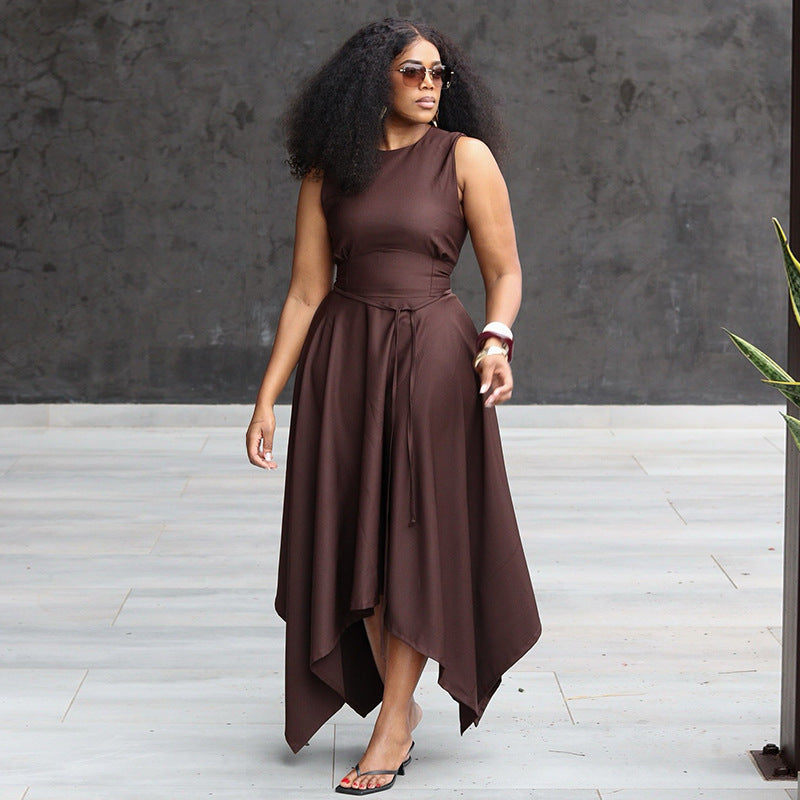 European and american women's clothing  autumn new collection: sweet and fresh round neck sleeveless high-waisted slimming a-line skirt with asymmetrical hem