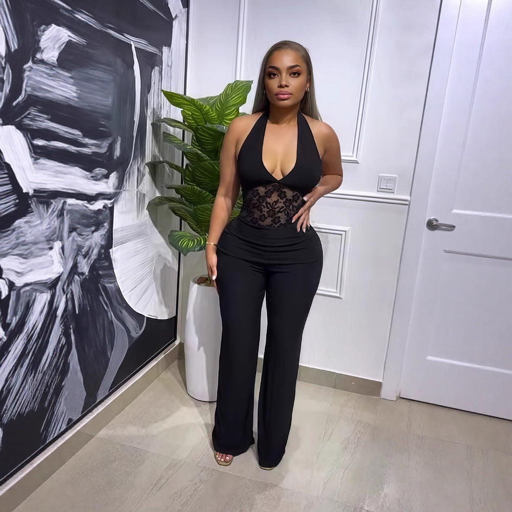 European and american cross-border women's fashion:  autumn new arrival - solid color sleeveless deep v-neck halter neck backless patchwork long jumpsuit