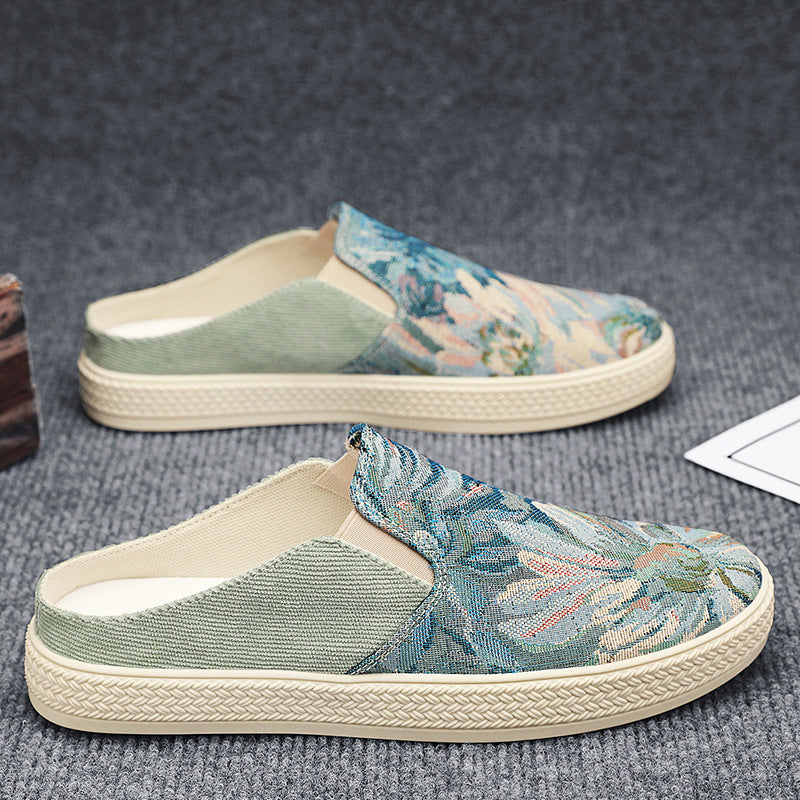 Canvas men's shoes summer breathable lazy thousand-layer bottom one-leg old beijing cloth shoes office sneakers half drag men's style