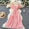 French chic embroidered cutout square neck puff sleeve dress - women's slimming, figure-flattering, elegant vacation maxi dress