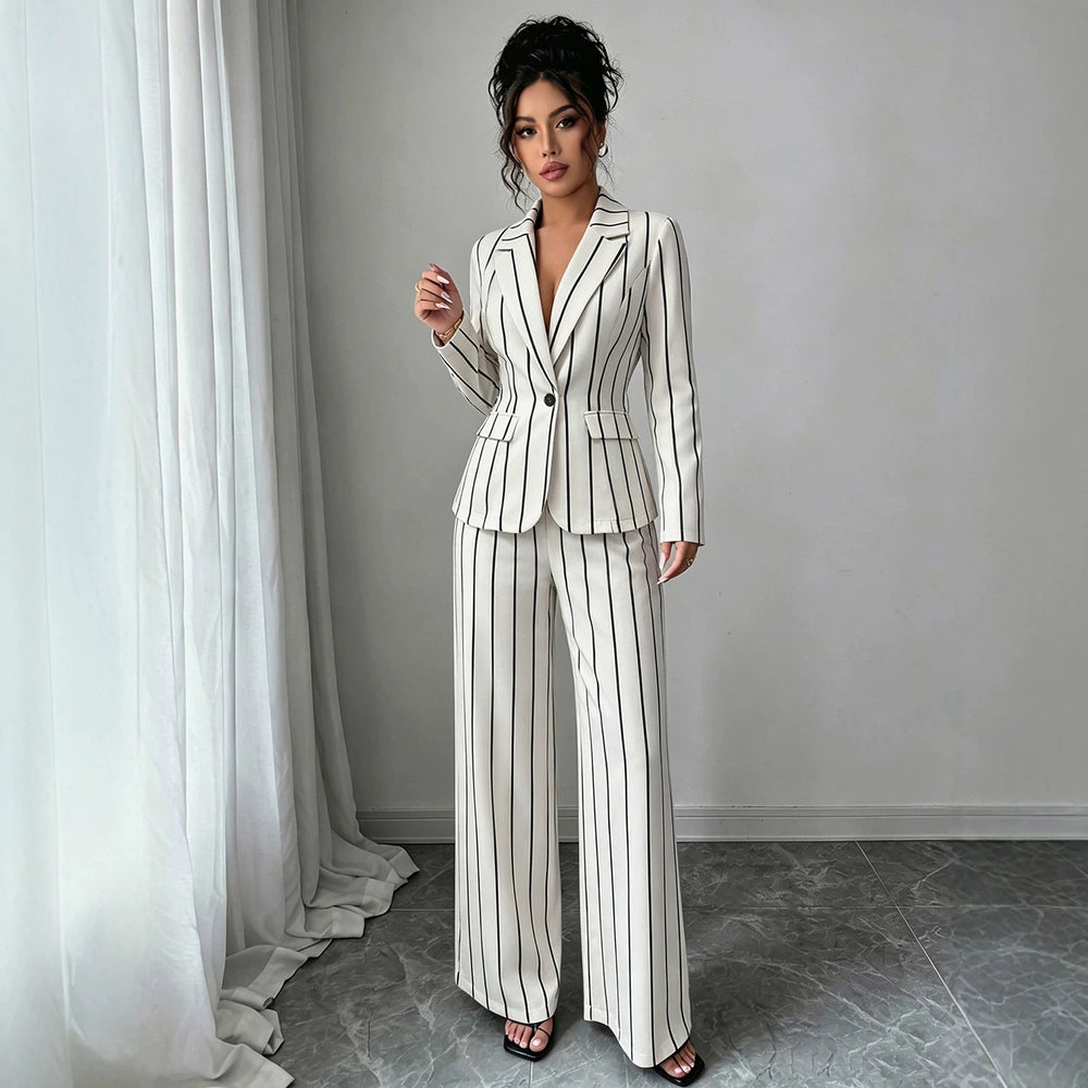 elegant vertical striped commute set: notch lapel blazer with cinched waist, paired with high-waisted, drapey wide-leg trousers for women