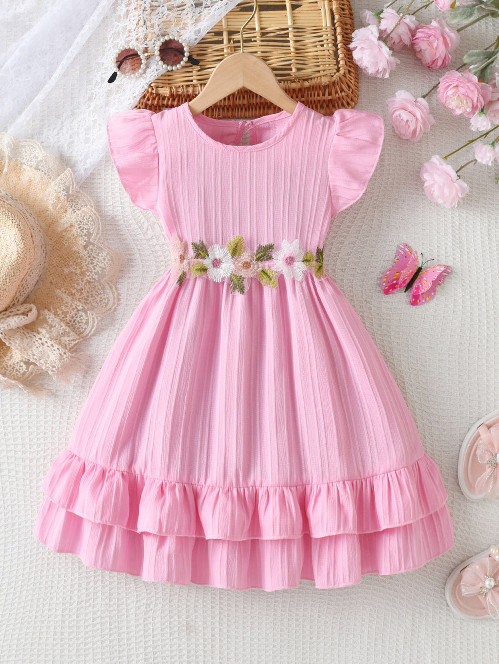 Girls' summer pink dress for export: flutter sleeves, ruffle trim, floral embroidery, belted waist, double-layered skirt, princess style