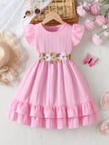 Girls' summer pink dress for export: flutter sleeves, ruffle trim, floral embroidery, belted waist, double-layered skirt, princess style