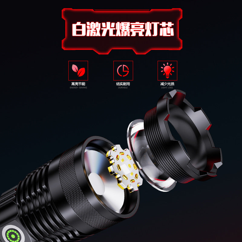 Cross-border telescopic white laser chip flashlight aluminum alloy strong light power display USB direct charging outdoor flashlight