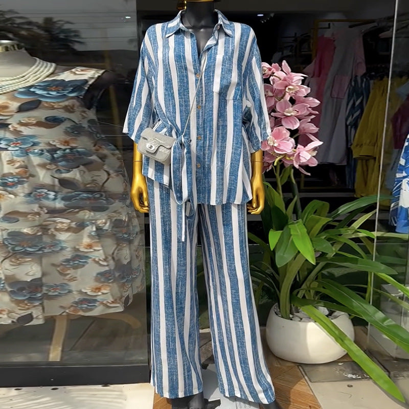 European and american cross-border women's fashion:  spring new collection - stylish blue tie-waist striped shirt and wide-leg pants set
