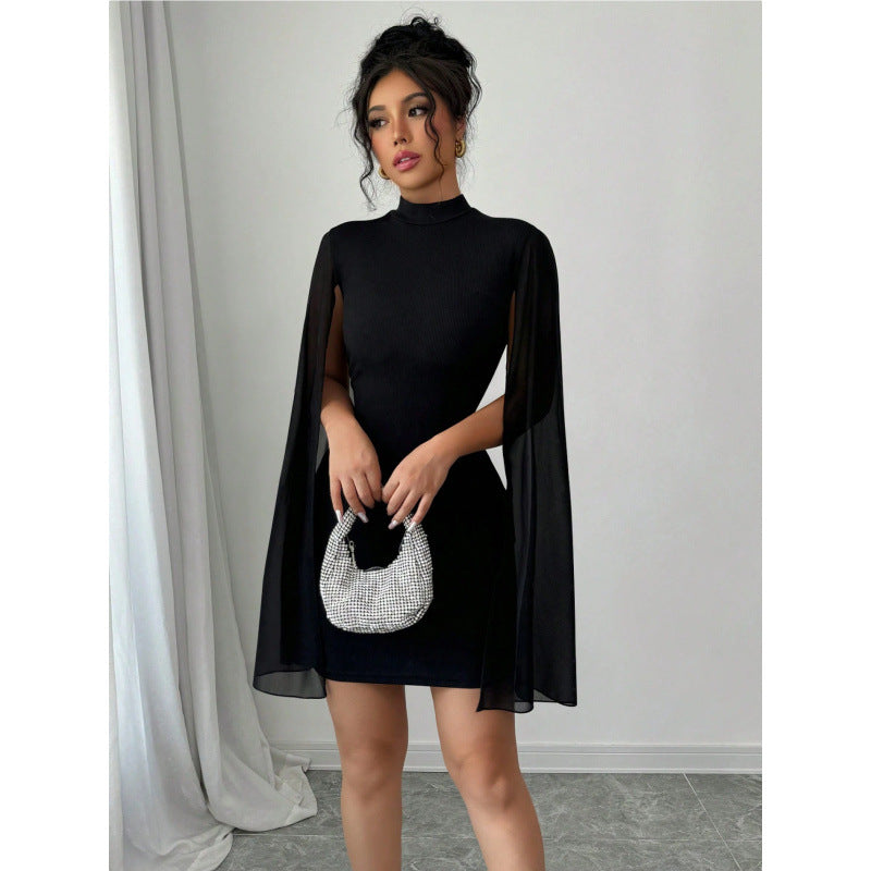 Women's black stand collar cape sleeve bodycon sheer mesh sleeve bodycon dress, women's fashion sexy apparel