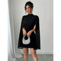 Women's black stand collar cape sleeve bodycon sheer mesh sleeve bodycon dress, women's fashion sexy apparel
