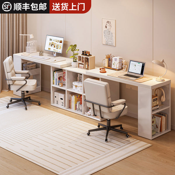 Double Desk Home Student Computer Desk Bedroom Girls Dresser Corner Desk Bookshelf Integrated Table