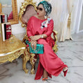 Clearance artificial silk satin solid color batwing sleeve dress with bow cuffs and 3d floral appliqué detail - maxi length