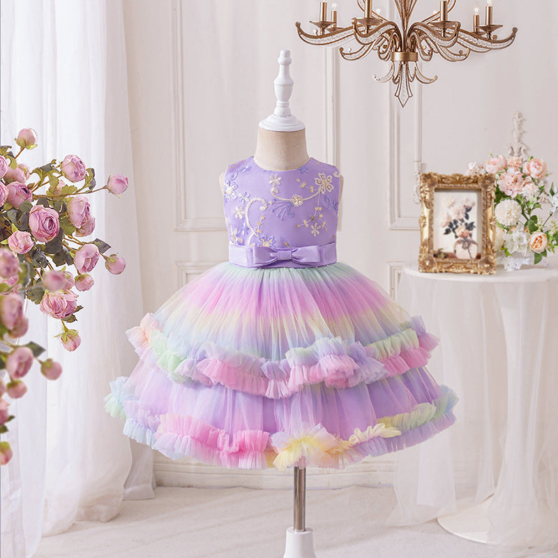 European and american new princess dress mesh print rainbow floral girl's wedding dress party baby's first birthday christening gown