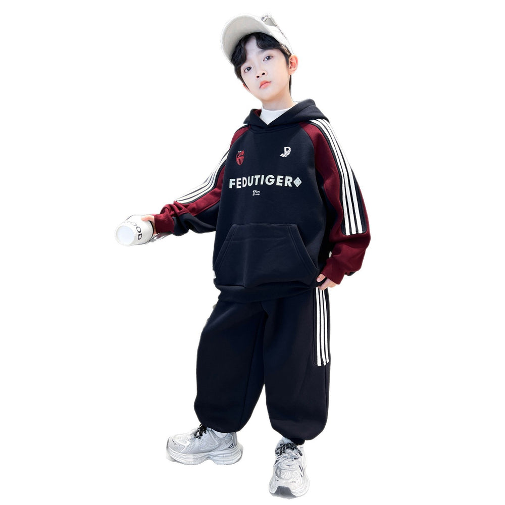 Boys' spring/autumn korean style color block hooded two-piece set -  new kids' spring activewear sweatshirt set