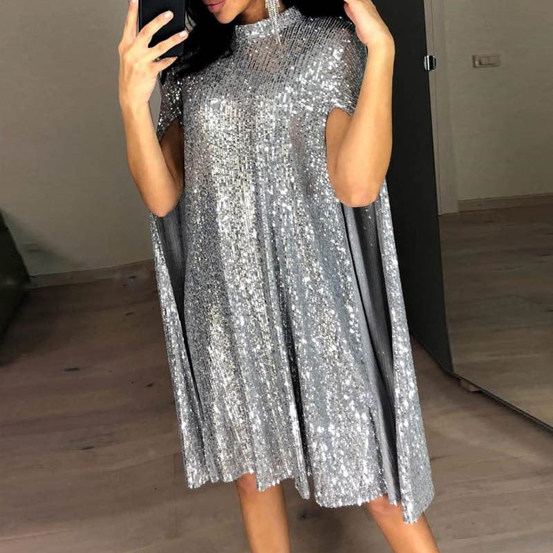 spring new    european and american foreign trade small stand collar sequin dress loose women's clothing