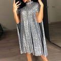 spring new    european and american foreign trade small stand collar sequin dress loose women's clothing