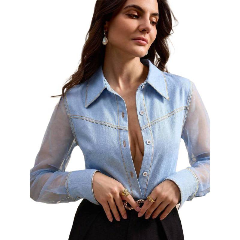 Amazon fashion  summer new design versatile elegant exquisite mesh patchwork denim top
