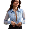 Amazon fashion  summer new design versatile elegant exquisite mesh patchwork denim top