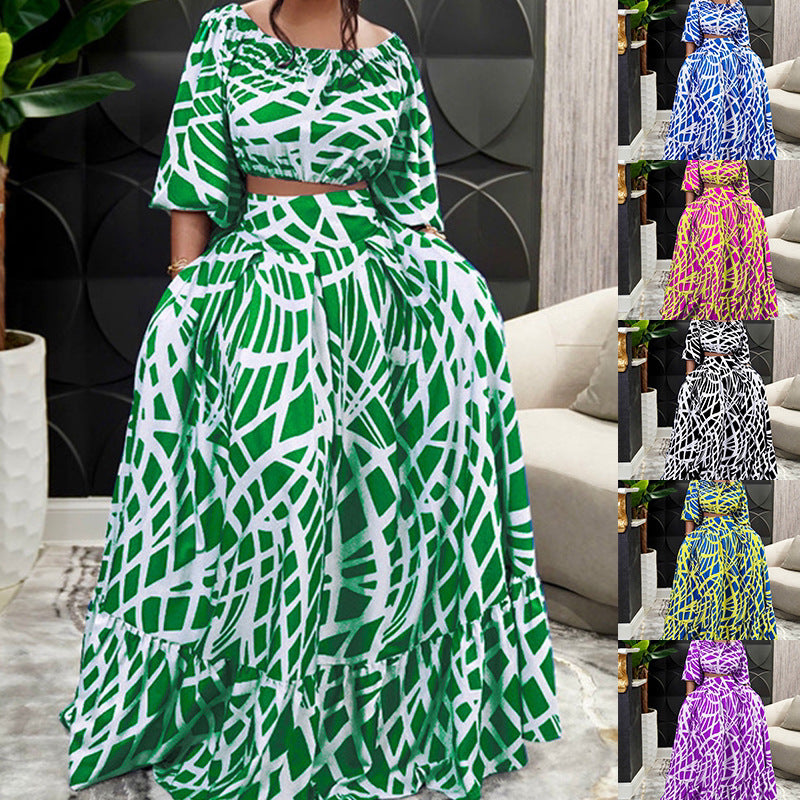 2025 spring amazon plus size women's elegant printed midi skirt fashion set
