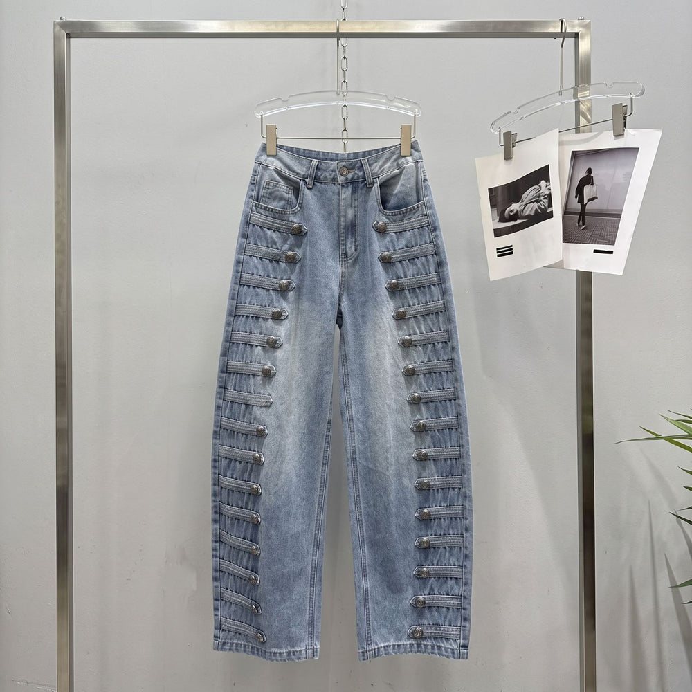 Autumnew arrivalamerican distressed metal rib buckle loose scimitar jeans loose pants pants women's trendy