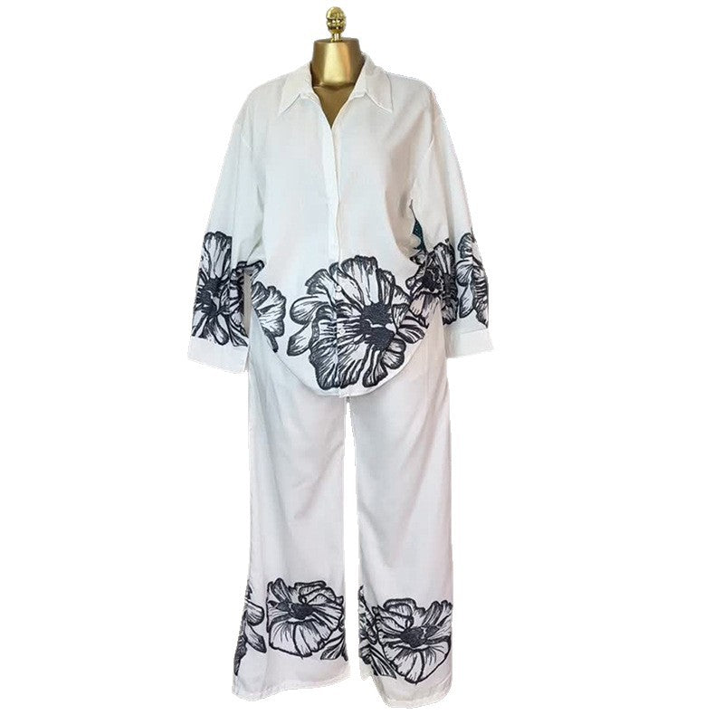 European and american cross-border women's fashion:  autumn new collection - trendy printed oversized long sleeve shirt and wide leg casual pants set