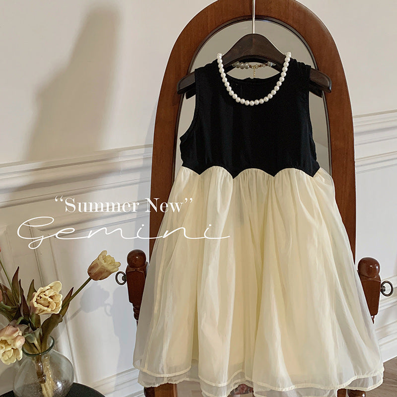 Korean style girls' summer  sleeveless dress - color block, french-inspired patchwork design, trendy little girl's dress