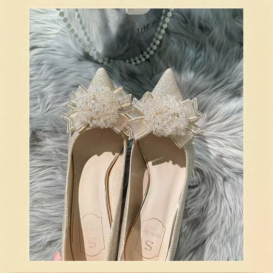2025 french rhinestone pearl flower comfortable heel bridal wedding shoes for women